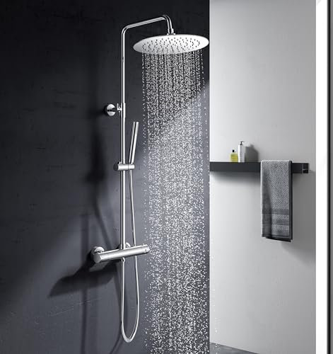Columna Ducha Termostática, YOOZENA Duchas de Baño Columna Extensible con Ducha Lluvia 25cm, Alcachofa con Manguera, Grifo Termostatico, Redondo Cromado