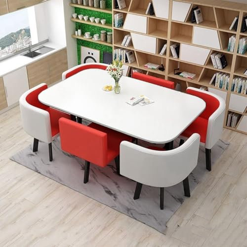 Esstisch mit 6 Stühlen Set, Essgruppe Küchentisch mit Kunstleder Stuhl, Konferenztisch Balkon Esstisch for Küche Esszimmer Wohnzimmer(Rot)