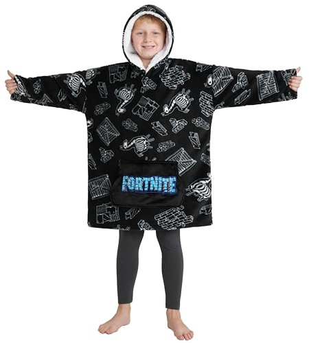Fortnite Oversized Hoodie Decke zum Anziehen Pullover Jungen und Teenager 14+ Extra Lange Fleece Tragbare Kuscheldecke mit Ärmeln Gamer Geschenk (Schwarze/Weiße Kinder)
