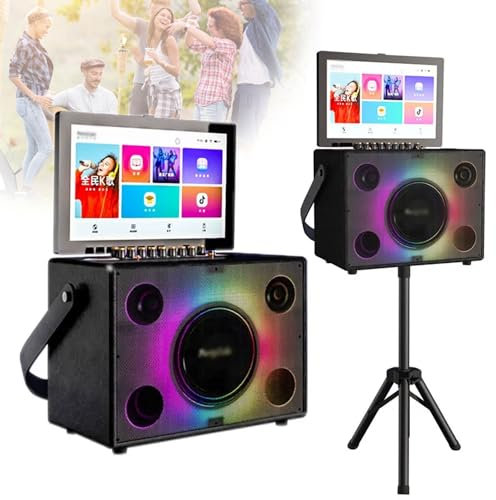 XNZJHPP Máquina de Karaoke Bluetooth portátil, con Tableta táctil de 14, 2 micrófonos inalámbricos, Altavoz LED de Color Plegable con batería de Litio de 10 Ah, Disco Duro de 500 G (Black)