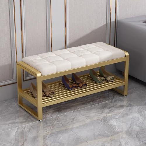 JIHAJU Eingangsbank, Ottomane für Schlafzimmer-Bettfußende, Stauraumbänke Moderner Flur Samtbank Schlafzimmerbänke für Bettfußende, Gepolsterte Bank mit goldenen Beinen(Beige,60 * 35 * 40cm)