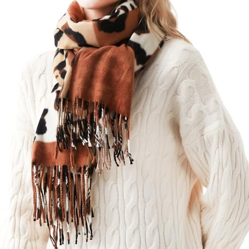 Soudittur Schal Damen Winter Leoparden Muster Pashmina Schals und Tücher mit Fransen Lange Winterschal Warmer Oversized XXL Schal (Braun)