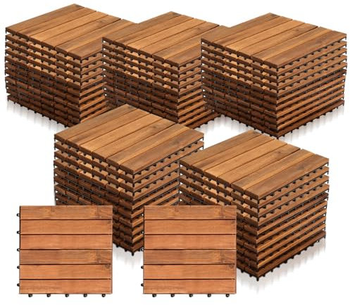 Eulenke 5m² Holzfliesen Balkonfliesen Terrassenfliesen 30 x 30 cm, Balkonboden Wetterfest, 6 Latten Fliesen aus Akazien Holz, für Terrassen Balkon Garten(55 Stück)