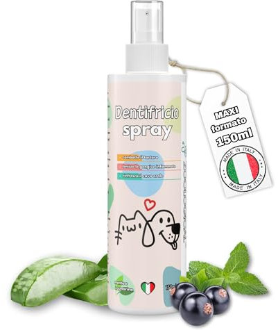 Dentifricio Spray per Cani e Gatti, Maxi Formato 150ml - Pulizia Denti Gengive e Tartaro - Rinfresca Alito con Menta e Rosmarino - Senza Risciacquo e Insapore