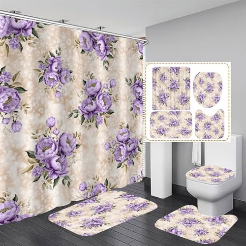 jieprom 4PCS Purple Floral Shower Curtain Bathroom Set with Rugs,Toilet Lid Cover and Bath Mat, Leopard Print Shower Curtain with 12 Hooks,Bathroom Curtain Set