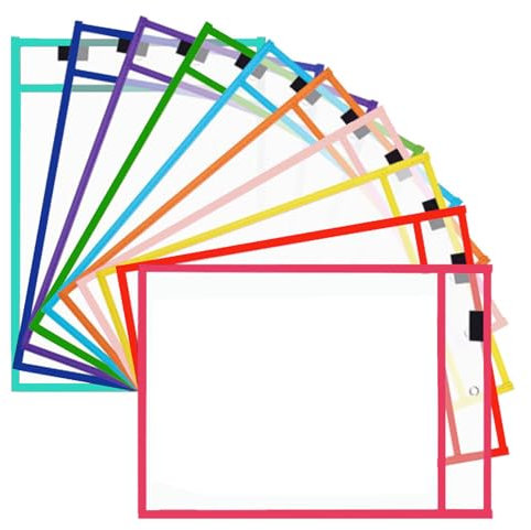 Oaygat 10Packs Dry Erase Pockets Reusable Plastic Sleeves 10 X 14 Inch Write and Wipe Pockets Transparent Dry Erase Holder Hanging Job Ticket Holders Dry Erasable Pocket Drawing Board Dry Brush Bag