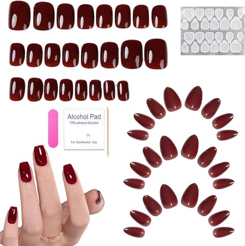 Wine Red Stick on Nails,24Pcs Short Elegant Touch Square Press on Nails and 24Pcs Short Round Pointed False Nail with Self Ahesive Jelly Glue,Short Stick on Nails for Women