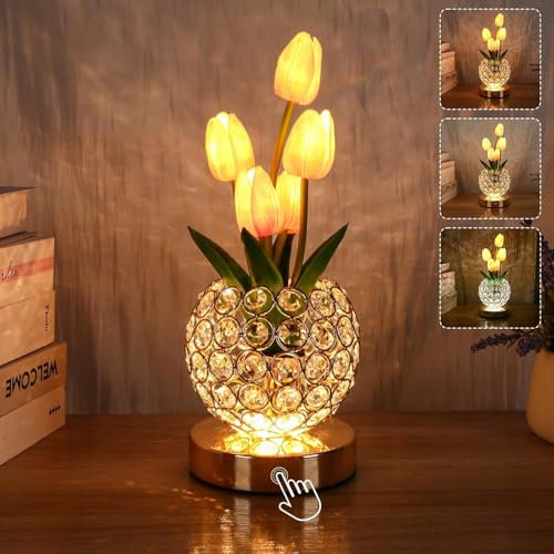 Geburtstagsgeschenke für Frauen Akku Tischlampe, 3-Farbe Kristall Blume Nachttischlampen unendlich Dimmen mit USB-Ladung kleines Nachtlicht, Nachttisch Lampe Touch Lampe für Schlafzimmer (Rosa)