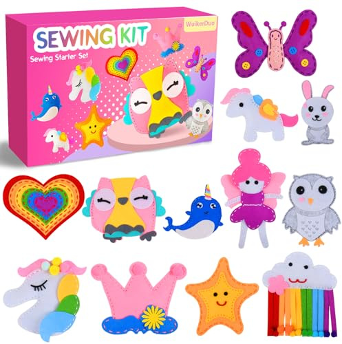 WuikerDuo 12 Stück DIY Nähset Tierformen Filz Bastelset für Kinder und Anfänger, Bastelset Kinder ab 6,7,8,9,10 Jahre,Geschenk Mädchen 5 6 7 8 9 10 Jahre,DIY Filz Geschenk Mädchen