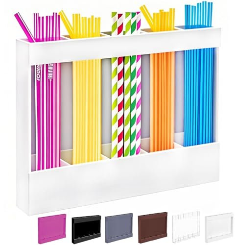 Oncpcare Acrylic Straw Holder with Double Sided Adhesive, Reusable Straws Organizer Storage Dispenser for Kitchen Counter Cupboard Door Wall (White)