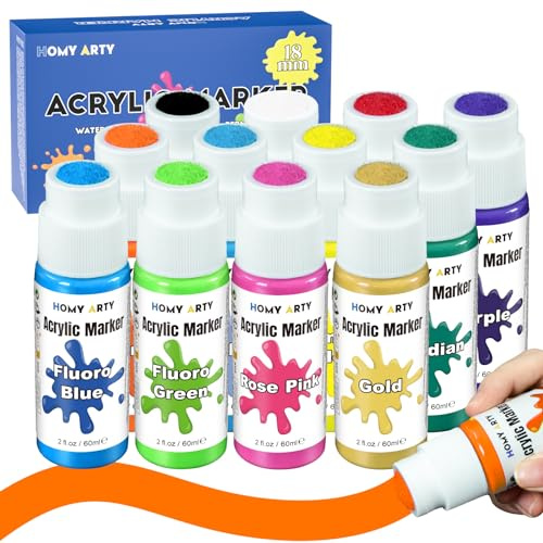 HOMY ARTY Acrylfarben Set, 18 mm Acrylstifte für Steine Breites, 12 Farben Jumbo-Filztipp Acrylmarker, wasserdichte und dauerhafte Lackierstifte zum Gemälde