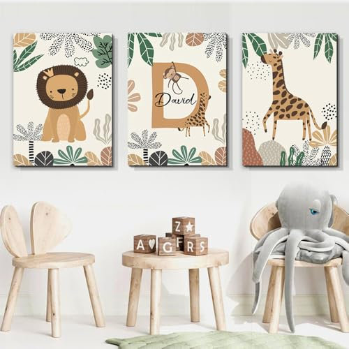 3 Bilder Mit Namen Personalisiert Kinderzimmer 30X40CM Poster Waldtiere Kinderzimmer Giraffe Löwe Bilderwand Kinder Leinwand Babyzimmer Junge Bilder Tiere Safari Poster Dschungeltiere ohne Rahmen