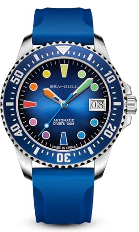 SEA-GULL Automatische Taucheruhr für Herren, 100 m wasserdicht, mechanische Armbanduhr mit bunten Markierungen, synthetisches Saphirglas, Silikonband
