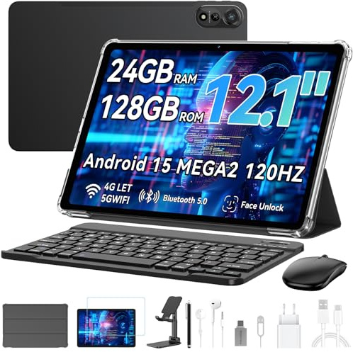 Blackview Mega2 Tablette Android 15 12 24 Go de RAM + 128 Go de ROM, 120 Hz 2K FHD Tablette de jeu avec clavier souris stylet casque, 4G LTE + 5G WiFi, 9000 mAh, WideVine L1, double caméra, Face ID