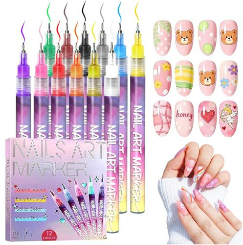 12 Farben Nagellack Stift Set,Nail Art Pen Set für Nageldesign | 3D Nail Design Nagellackstifte für Nägel Gel Nagelstift DIY Maniküre Set Nagellack Set für Anfänger & Geschenk