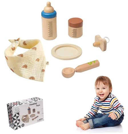 Baby Doll Feeding Set Realistic Wooden Baby Doll Feeding Accessories with Spoon, Section Plate, Milk Bottle and More, Accessories for Playing House Toy
