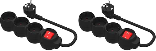 Simon - Base Múltiple, Regleta de Enchufe Plano, 3 Tomas de 16A, Ladrón de Enchufes con Toma de Tierra e Interruptor ON/Off, Cable de 1,5 Metros, Color Negro (Paquete de 2)