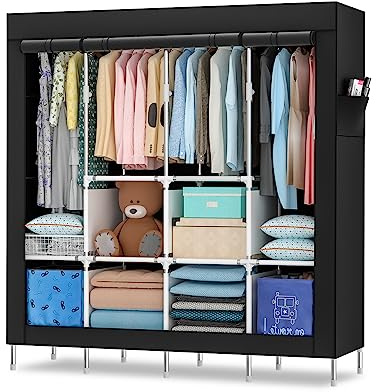 Mihoho Armoire Portable, penderie Suspendue de 170 cm, Portant à vêtements en métal, Armoire autoportante avec Housse en Tissu Oxford, 165 cm x 170 cm x 45 cm (Noir A, Grand)