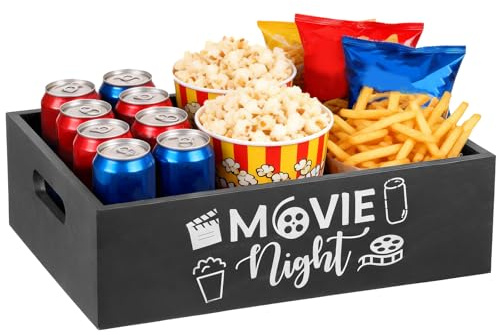 Dandelionsky Movie Night Snack Tray with Handles Wooden Popcorn Bucket Organizer for Theater, Reusable Movie Present Basket for Family Parties & Valentine's Day Holiday Decor(black)