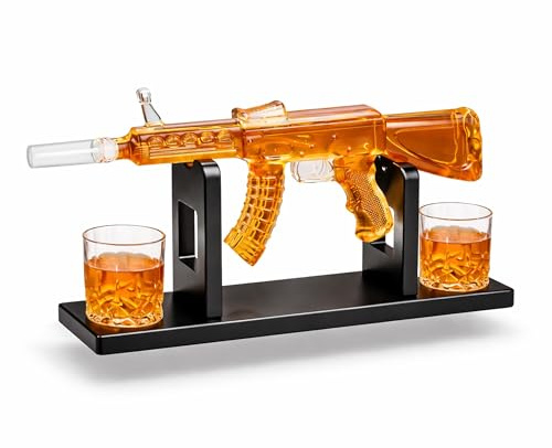 AK47 Kalachnikov Coffret cadeau XXL à décanter à whisky 850 ml avec 2 verres de 225 ml chacun, en verre et en bois, forme de fusil sur support en bois, fait à la main, cadeau pour homme, cadeau de