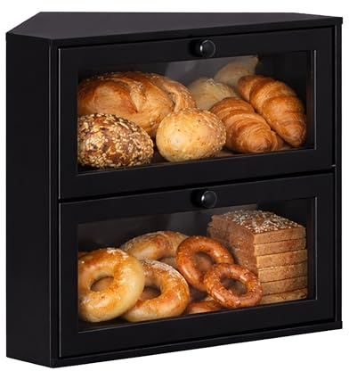 Relaxdays Eck-Brotkasten Bambus, 2 Etagen, Brotlade mit Sichtfenster, HBT: 35x40x27,5 cm, Brotbox platzsparend, Farbe