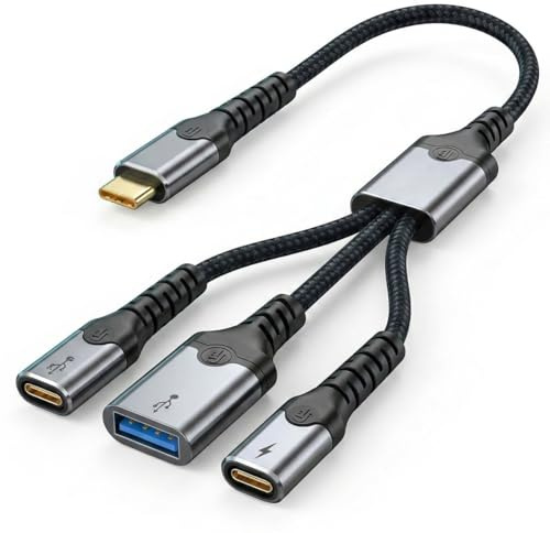 USB C OTG Adapter, 3-in-1 USB C Splitter with 60W PD Fast Charging (30cm) | USB C Male to Dual Female And USB A Female Adapter Cable for Chromecast with Google TV, Fire Stick 4K, Steam Deck, Switch