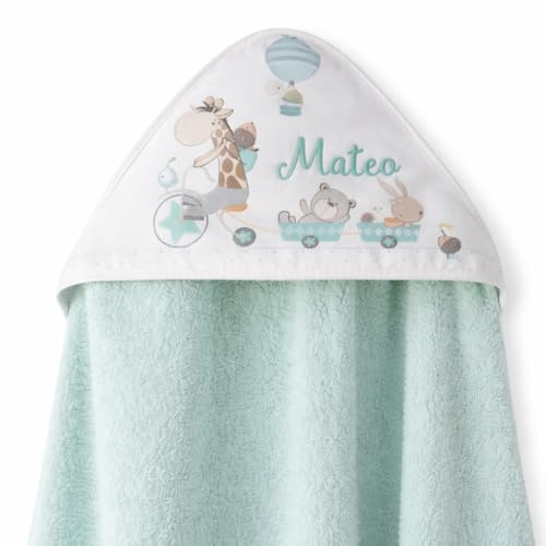 Capa de Baño para Bebe Personalizada 0 a 3 Años Toalla Recien Nacido 100% Algodon con Capucha Personalizada Comoda Suave para Cuidado de la Piel para Piscina + Regalo Baby Shower Niña/o Bici Menta