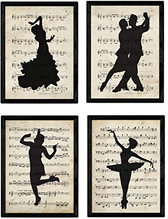 Nacnic Vintage Tänzerinnen und Tänzer Poster mit Musiknoten Hintergrund. Wanddekoration im Sepiatöne und Retro-Stil. A4 ohne Rahmen.