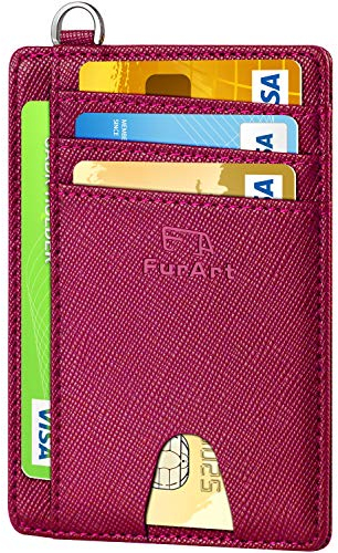 FurArt Portefeuille Minimaliste Fin, Porte-Cartes de Crédit avec Blocage Anti RFID, Les Femmes Hommes, Démontage Manille en D,Bourgogne Saffiano