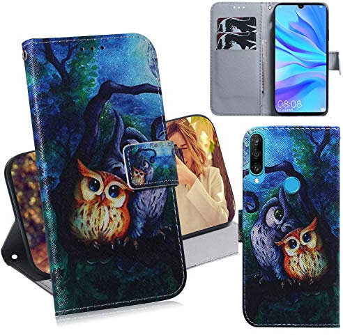 DodoBuy Huawei P30 Lite Hülle Flip PU Leder Schutzhülle Handy Tasche Case Cover Wallet Standfunktion mit Kartenfächer Magnetverschluss für Huawei P30 Lite - Eule