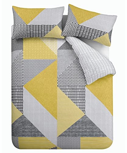 Catherine Lansfield Larsson Geo Reversible Double Duvet Cover Set with Pillowcases Ochre Yellow