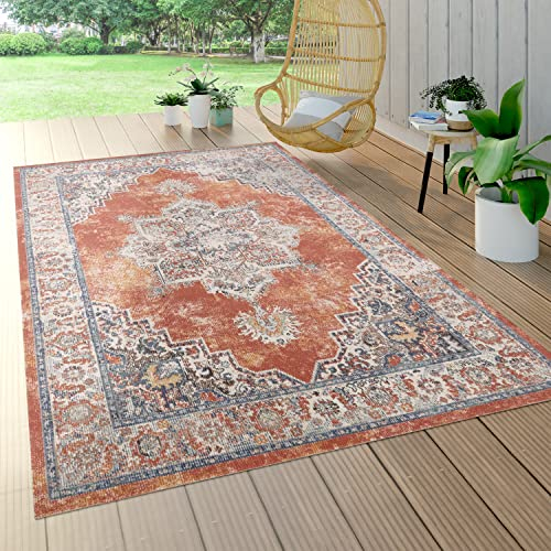 Paco Home In- & Outdoor-Teppich Für Balkon Terrasse, Kurzflor Mit Orient-Design In Rot, Grösse:80x150 cm