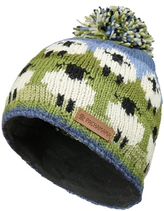 Pachamama Damen Woll-Bommelmütze, handgestrickt, niedliches Schaf-Design, mehrfarbig, Einheitsgröße, handgefertigt, extra warm, Fair Trade, Jeansblau Mehrfarbig, Einheitsgröße