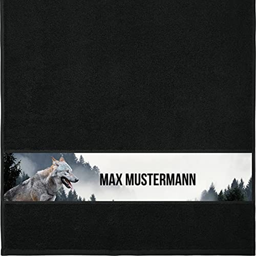 Manutextur Handtuch mit Namen - personalisiert - Motiv Wolf - viele Farben & Motive - Dusch-Handtuch - schwarz - Größe 50x100 cm - persönliches Geschenk mit Wunsch-Motiv und Wunsch-Name