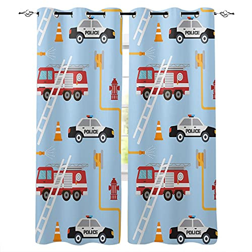 ADKMC Blickdichte Gardinen, Blau Cartoon Feuerwehrauto Auto 140X100Cm Verdunkelungsvorhang, Undurchlässiger Vorhang Mit Ösen Für Das Schlafzimmer, Geräuschreduzierung