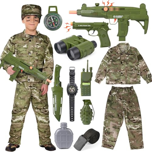 vamei 13pcs Déguisement Militaire Garçon Costume Militaire Enfant Costume Armée Garçons Costume Soldat Enfant avec Talkie-Walkie Mitraillette Chapeau Camouflage pour Enfants Garçons Filles 4-5 Ans