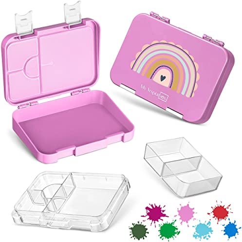 My Vesperbox – Len - Bento Box Kinder - Lunchbox mit 4+2 Fächern - extrem robust – Brotdose – Brotbox ideal für Kindergarten und Schule… (Rosa - Regenbogen)