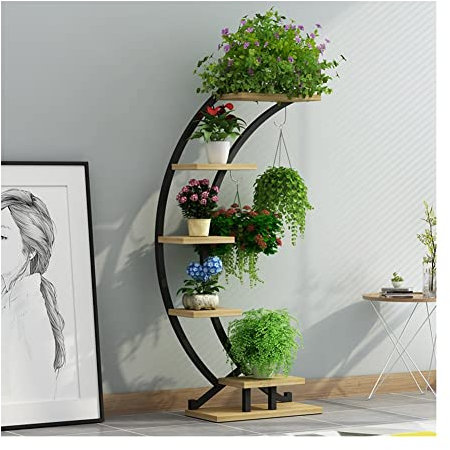 5-stöckiger Hoher Pflanzenständer, Gartenregal Mit Aufhängeöse Blumenregal Mehrzweck-Präsentationsständer Aus Gebogenem Metall Für Garten, Terrasse, Balkon (Farbe : Black-A, Größe : 52x24x155cm)