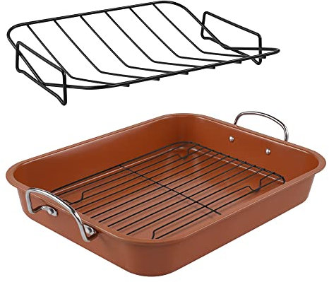KitCom Nonstick Roasting Pan, Roaster with Cooling Rack and V-Rack - 16 Inch Rectangular Turkey Roaster Lasagna Pan for Easter, Thanksgiving & Christmas, Dishwasher Safe, Bronze