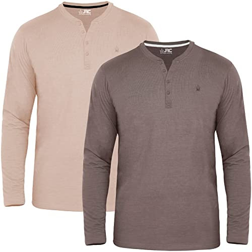 JRC 2 Pack Mens Long Sleeve Henley Shirts, Lightweight Henley Tops for Gym, Running & Casual Outings (Cocoa Brown & Rgby Tan, M)