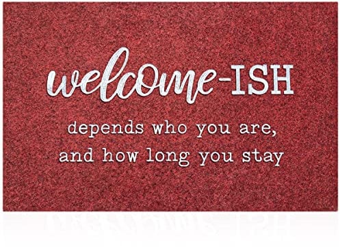 JJUUYOU Large Welcome Mat Low Pile Profile Indoor Rug Floor Mat Front Doormat, Welcome-ish Indoor Outdoor Door Rug Non Slip Absorbent Resist Dirt Entrance Rug for Entryway Patio, Wine Red 90X60CM