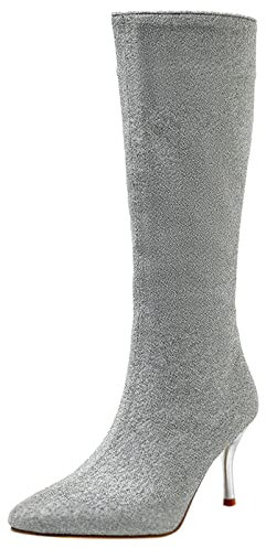 Stivali da Donna a Metà Polpaccio con Tacco Alto, Stivali da Vestito Tacco a Spillo Zip Appuntito Boots Moda Brillantini, 12046Coc Argento Numero 41 EU