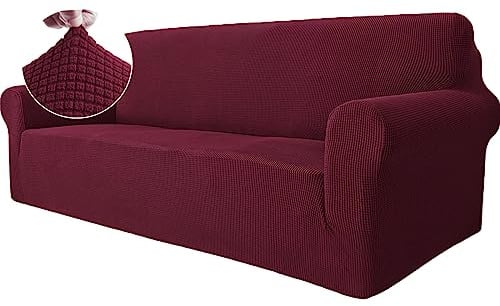 Ystyle Stretch Sofa Überzug 3 Sitzer, Weinrot | Elastisch Sofabezug mit Armlehnen, Jacquard Couch Überzug Rutschfest, Waschbar Sofa Cover Protector für Hunde Haustiere