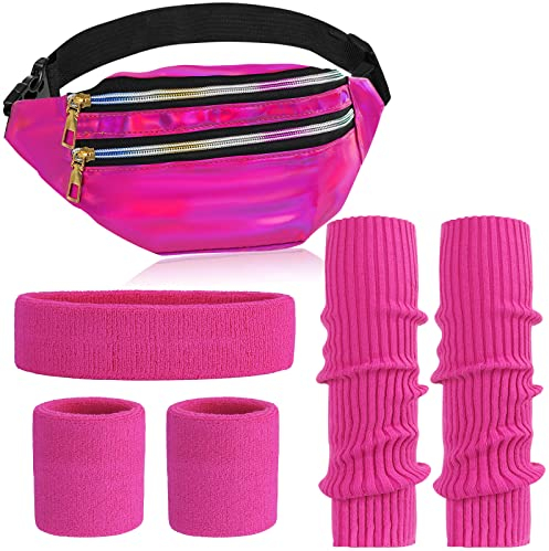 ONUPGO 80er Jahre Frauen Neon Beinwärmer Set Holographische Gürteltasche Stirnband Armbänder Set (Rose Pink)