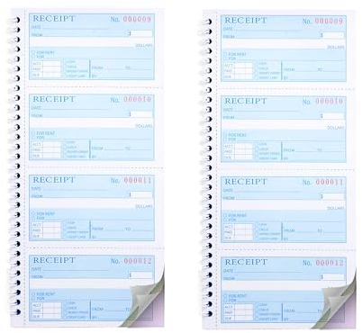Zwei Bücher Geld und Miete Quittungsbuch, 3-teilig, selbstdurchschreibend, 13,5 x 28,5 cm, Spiralbindung, 100 Sets pro Buch, 4 Quittungen pro Seite