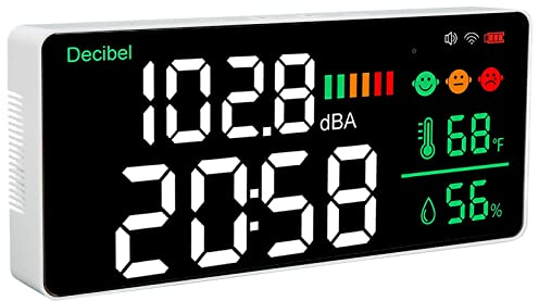 Dezibelmessgerät, 11 Zoll große LED-Anzeige 30-130DB Bereich Wand hängende Schallpegelmesser mit Temperatur Luftfeuchtigkeit und Uhr Anzeige für Studio, Klassenzimmer