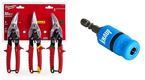Milwaukee Metal Snips Triple Pack Left Right and Straight Cut Blechscheren Promo-Set 3-teilig 48224533, Rot, MLW48-22-4533 & Knauf Schraubvorsatz mit Bit-Halter– Trockenbau