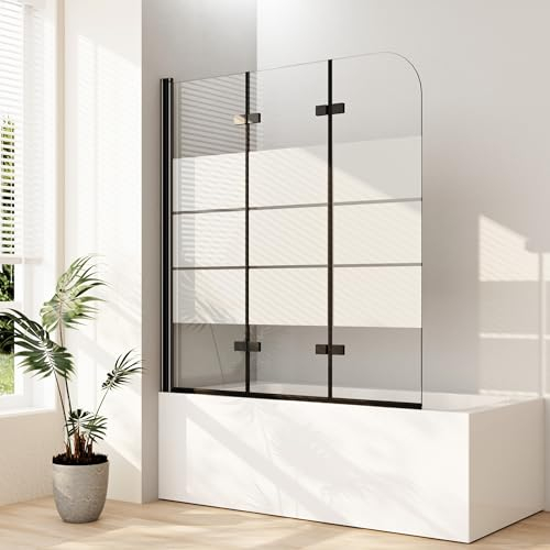 Duschwand für badewanne 120x140cm Milchglas Streifen Duschwand Schwarz 3-teilig Faltbar Badewannenaufsatz Duschtrennwand Duschabtrennung mit 6mm ESG Glas, Schwarz
