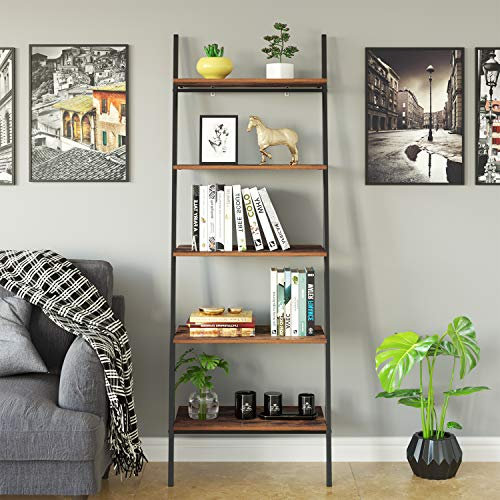 TINKLE WELL Bücherregal mit 5 Etagen, Industrie, schief Leiter Regal, Holzaufbewahrung Display Rack für Wohnzimmer, Schlafzimmer, Büro, rustikales Braun