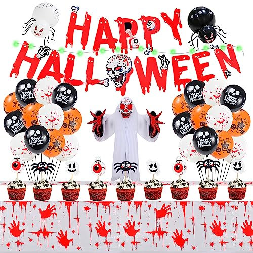 Halloween Horror Luftballons Set, Horror Skelett Kopf Banner + Blutige Tischdecke + Blut Hand gedruckte Luftballons + 3D Schädel + 3 Meter grüne Lichterketten und Spinne, Halloween Deko Set (B)